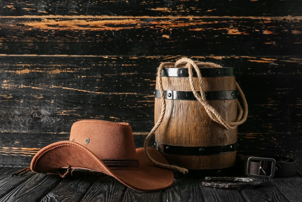 cowboy hat next to barrel, lasso, and horseshoe
